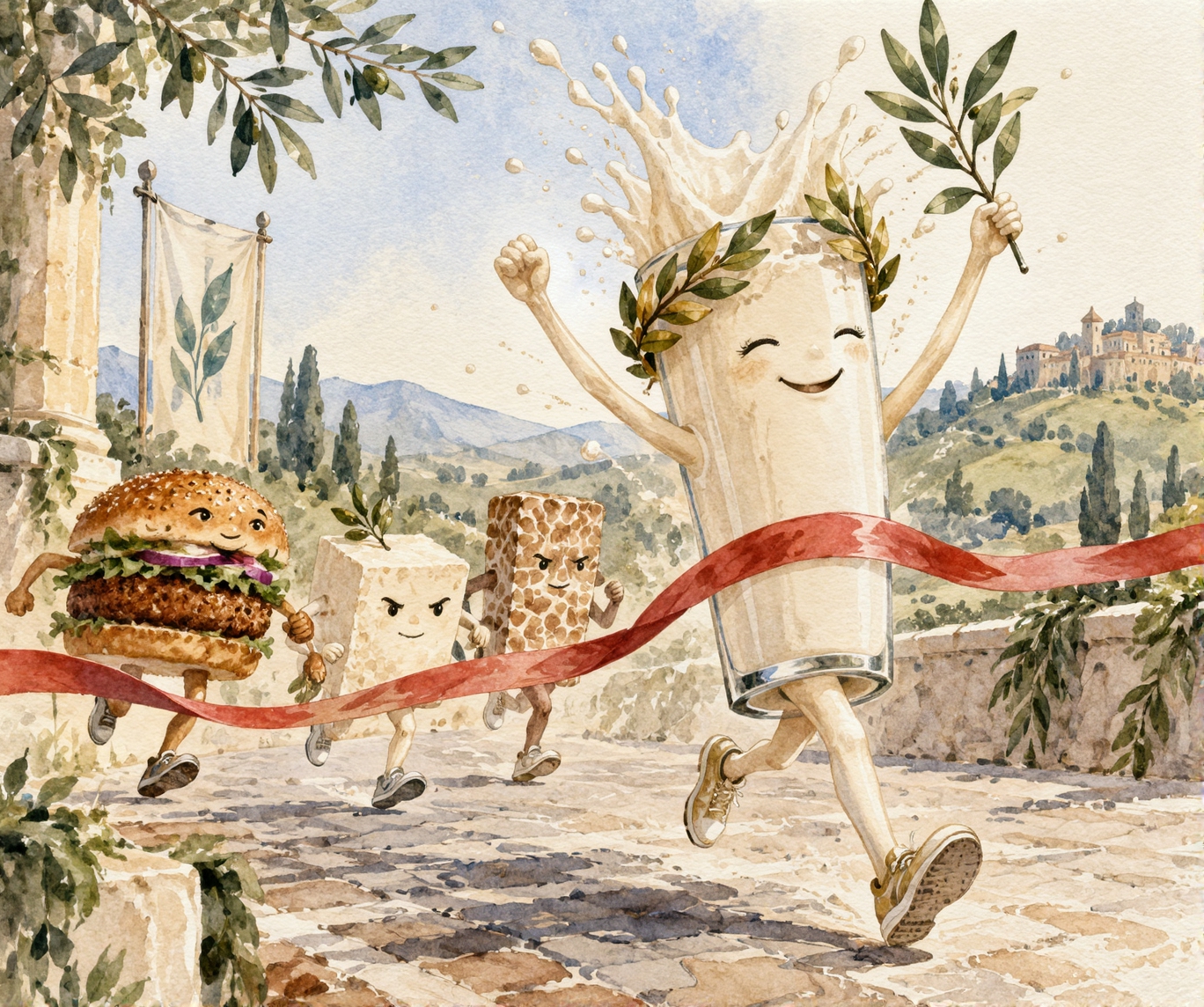 copoo de leite vegetal ganhando uma corrida do burger vegetal e do tofu e tempeh