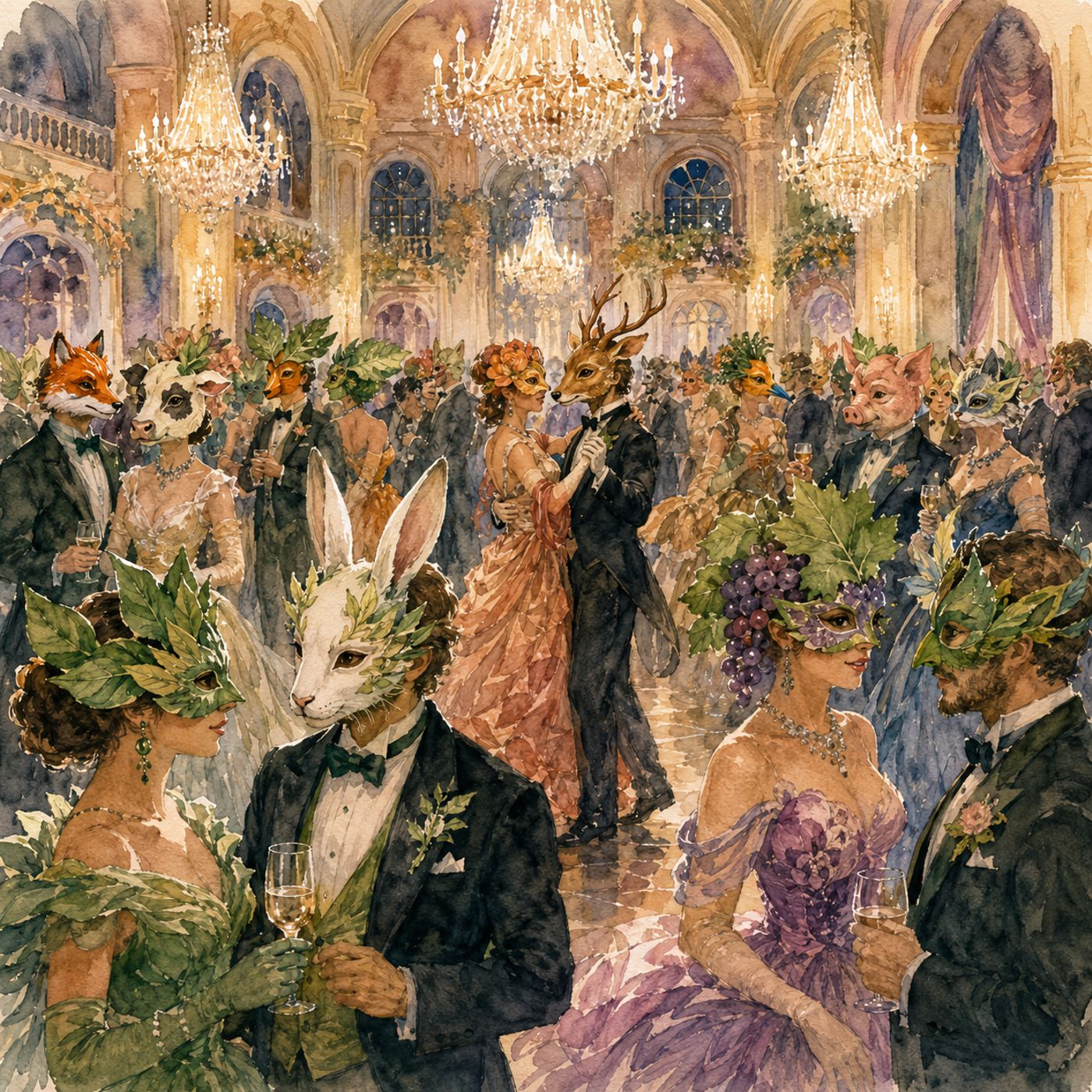 Ilustração em aquarela de um baile com pessoas usando máscaras de animais, capa do episódio sobre especismo disfarçado