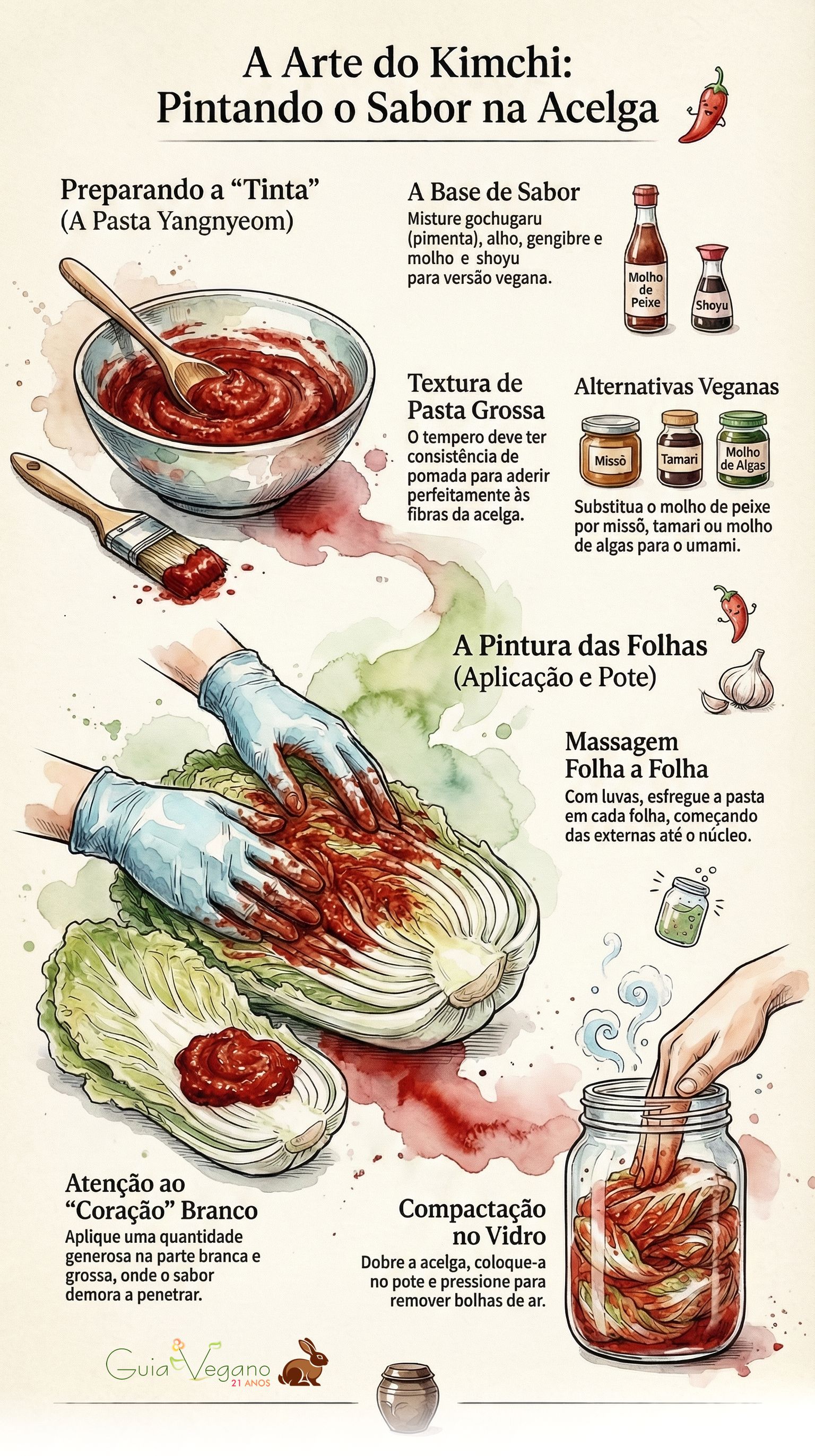 passando tempero no na acelga para fazer kimchi