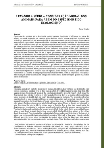 Levando a sério a consideração moral dos animais: para além do especismo e do ecologismo