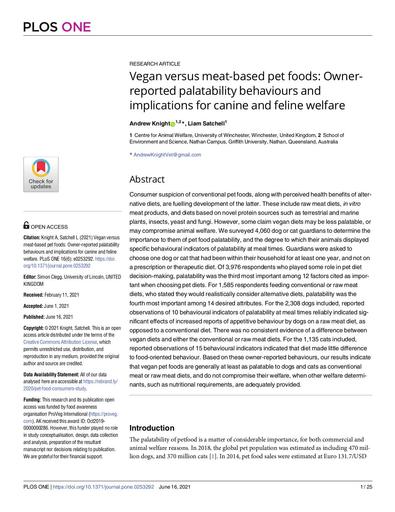 Vegan versus meat-based pet foods: Ownerreported palatability behaviours and implications for canine and feline welfare